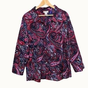 Catherines Women Long Sleeve Button Up Paisley Top 3XWP Navy Magenta Boho Career